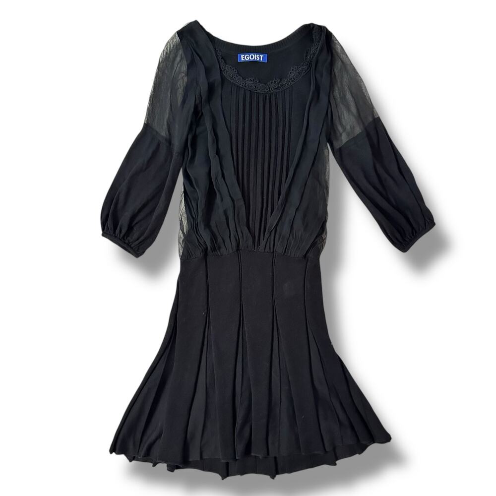 EGOIST Black Pleated Dress Sheer Sleeve Korean Balletcore Mini‎ M